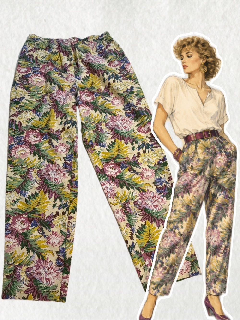 VINTAGE 80s flower garden pants bold colorful floral 100% cotton elastic waist